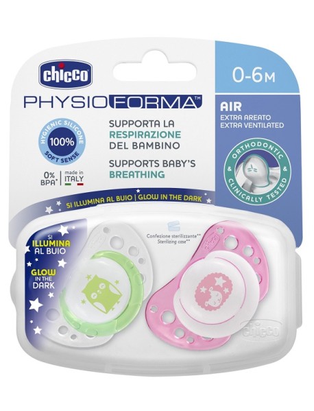 CHICCO SUCCHIETTO PHYSIO AIR LUMI IN SILICONE 0-6 MESI 2 PEZZI